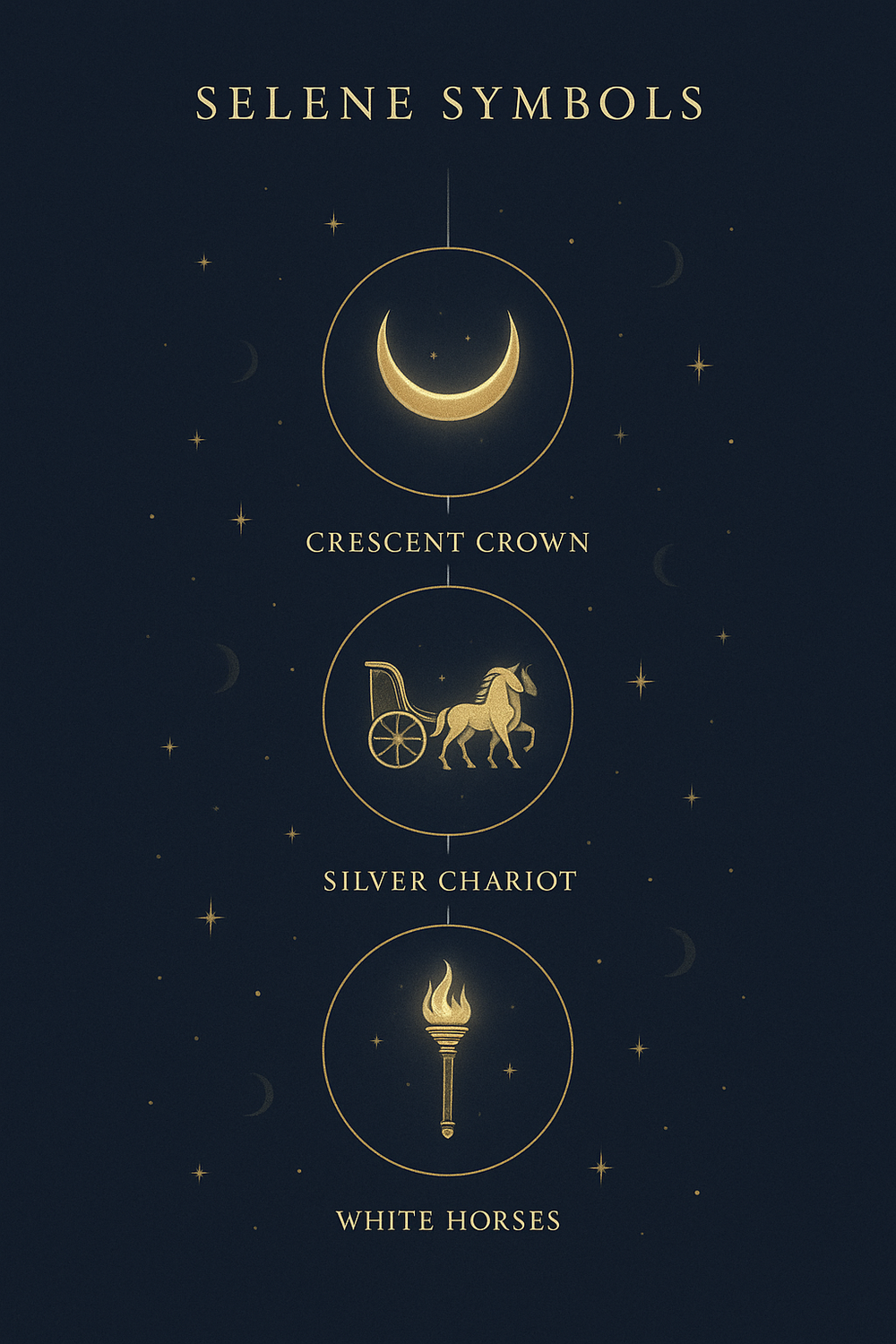 Infographic of Selene's six sacred symbols: crescent crown, chariot, horses, torch, veil, and owl