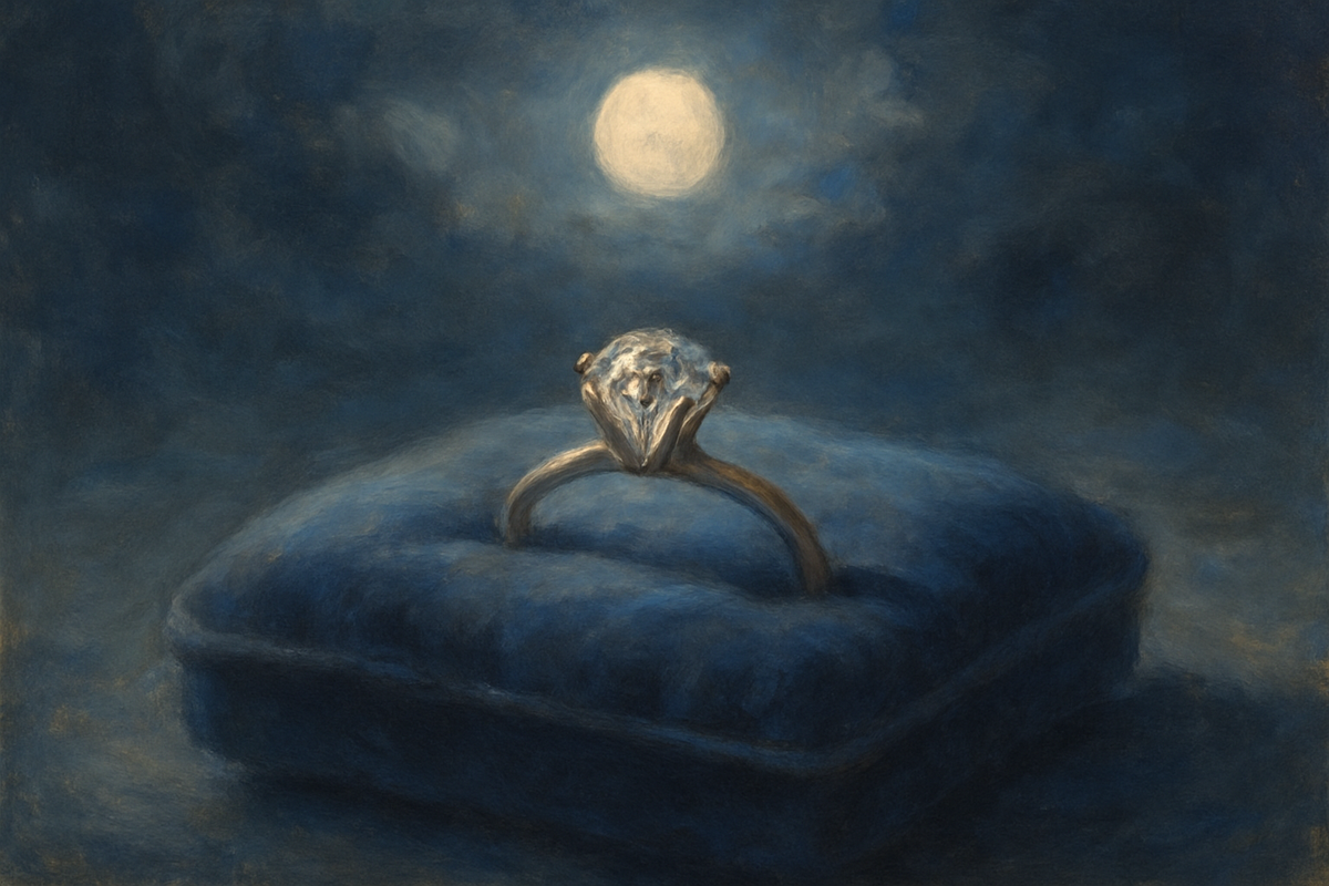 Diamond engagement ring glowing softly under moonlight