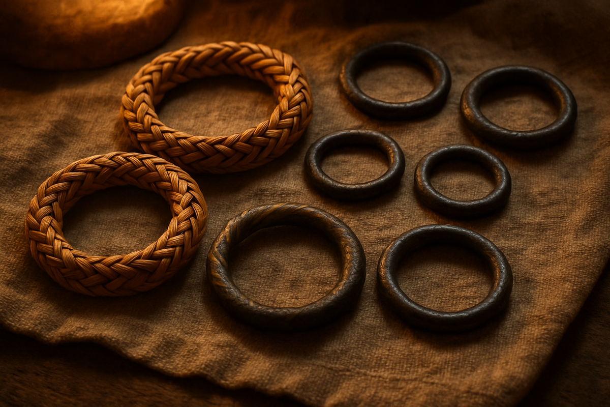 Ancient Egyptian reed ring and Roman iron wedding ring displayed together