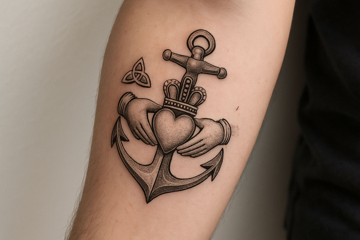 Claddagh and anchor tattoo symbolizing loyalty and commitment