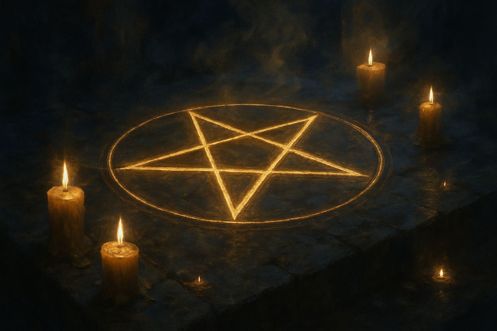 Pentagram symbol glowing on stone