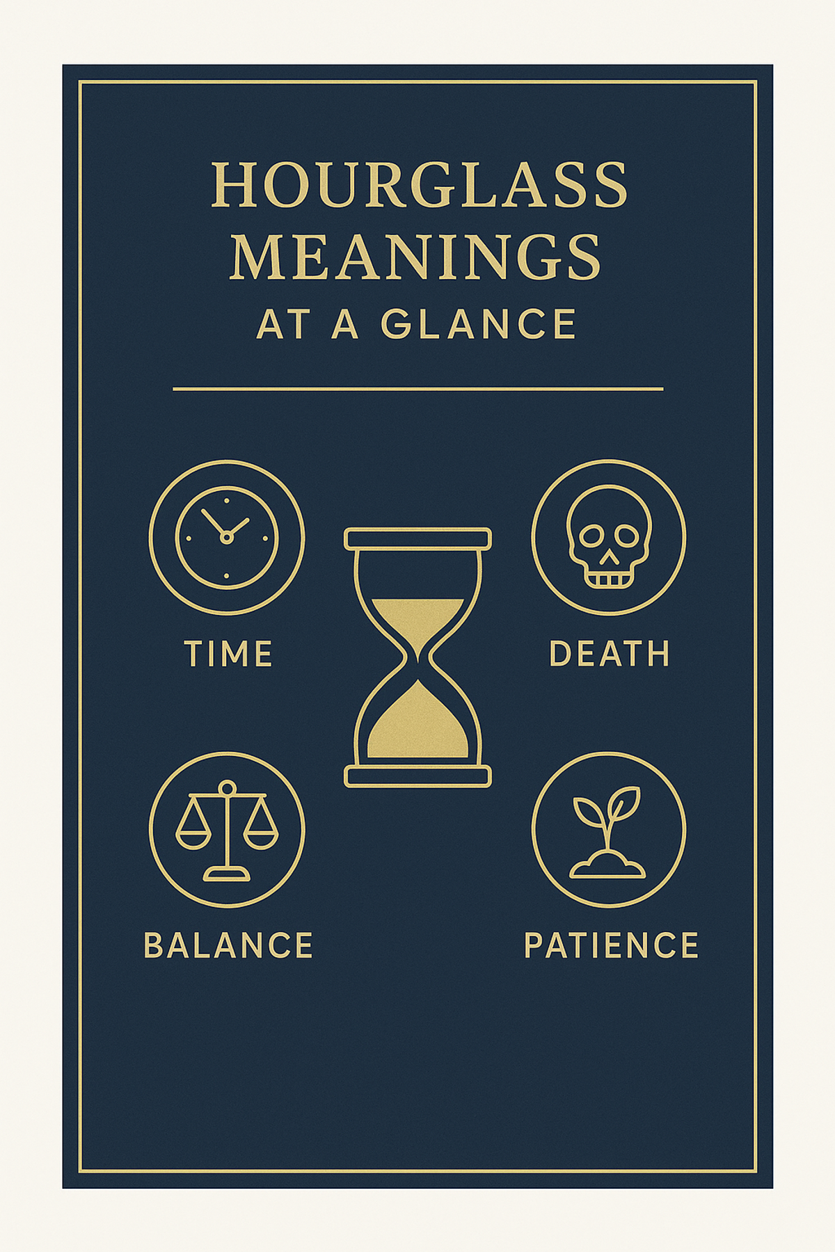 Infographic showing five key hourglass symbolism meanings: time, death, balance, renewal, patience