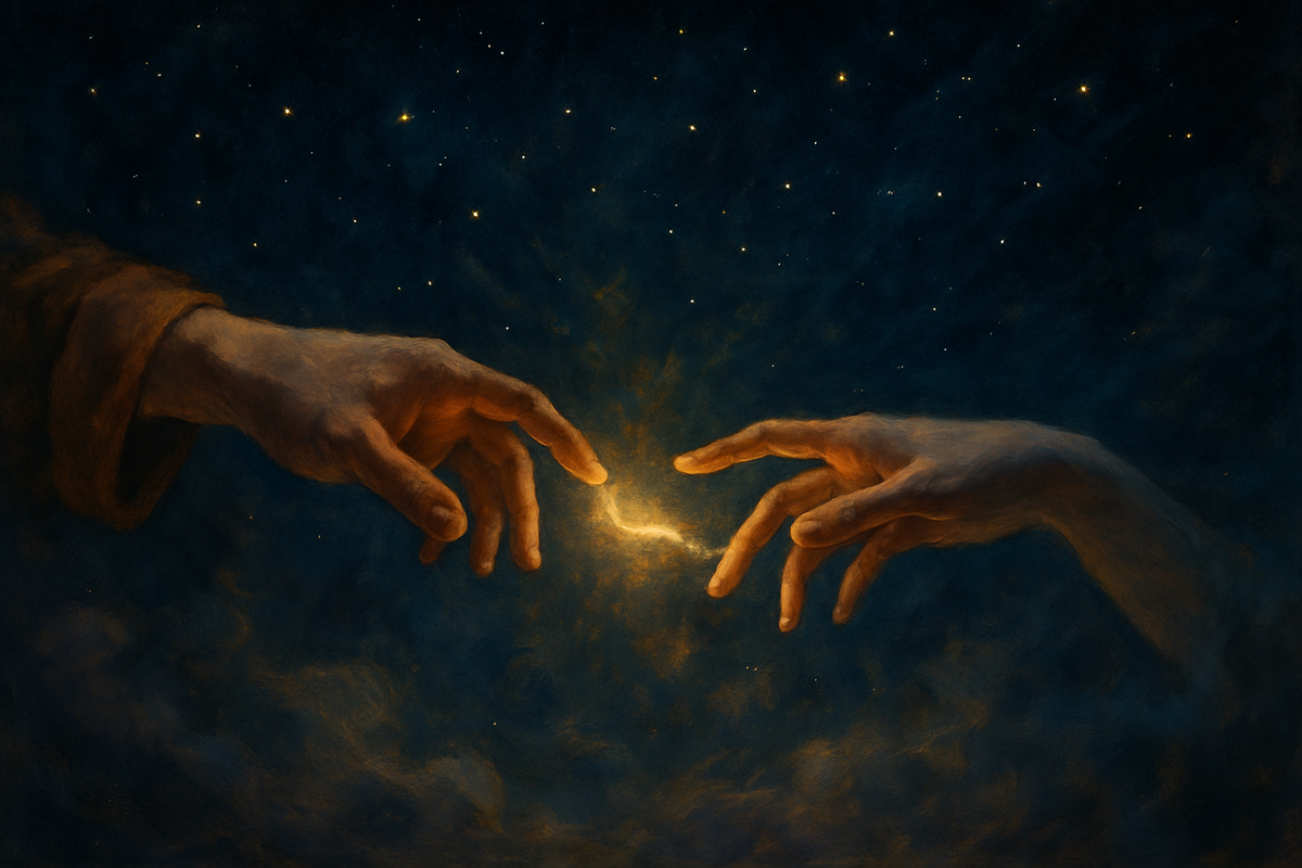Two hands reaching toward each other under a starry sky symbolizing connection and love