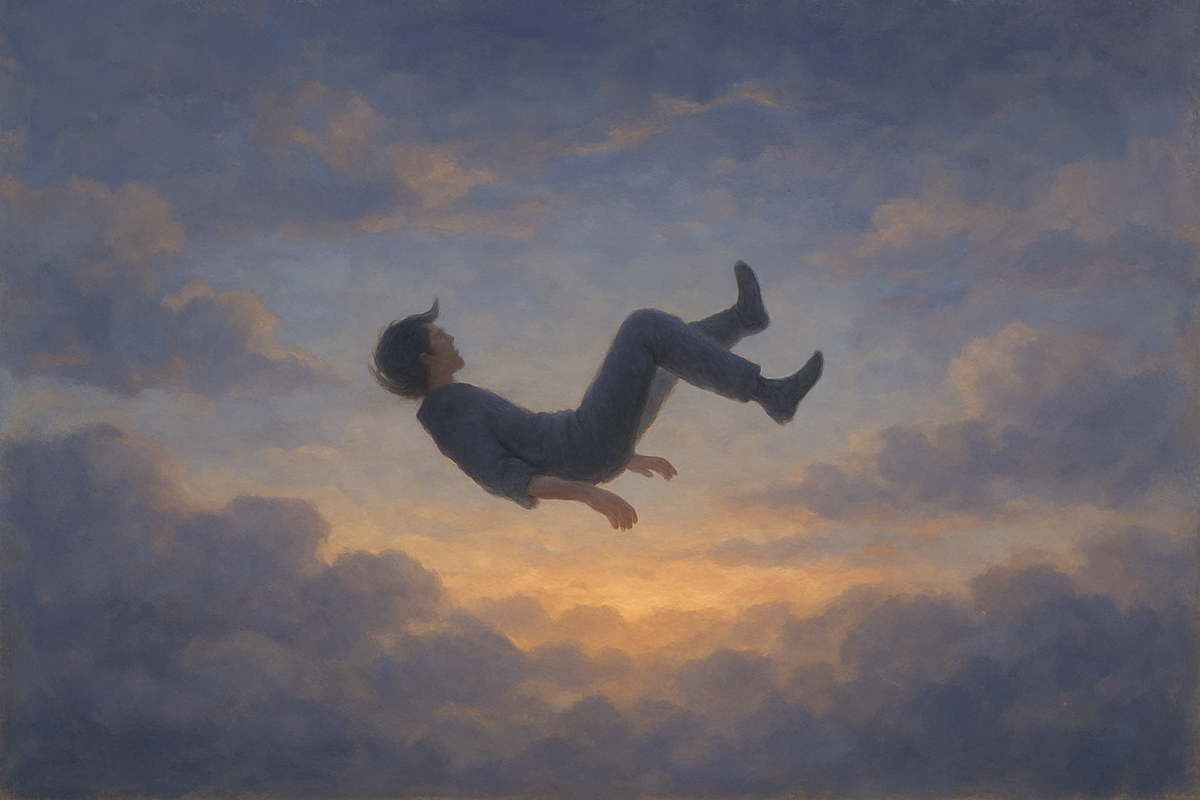Person falling gently through clouds symbolizing surrender in a falling dream