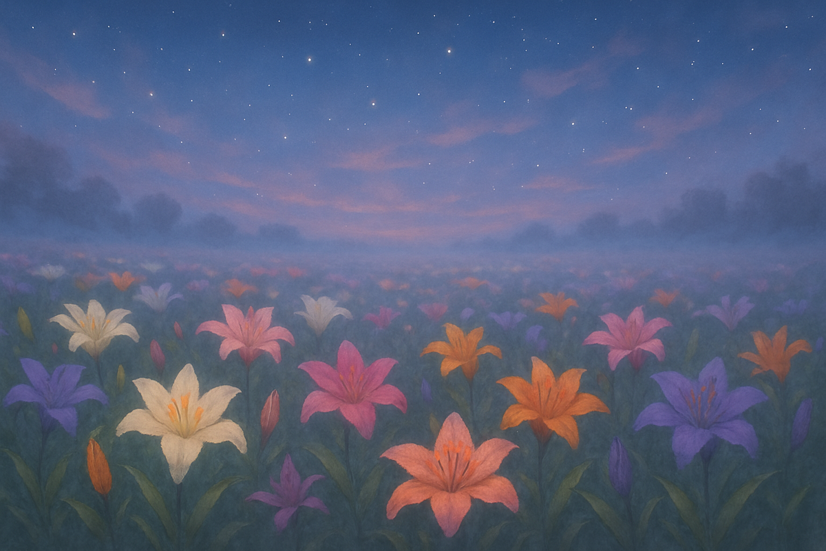 A field of colorful lilies under a twilight sky representing different symbolic meanings