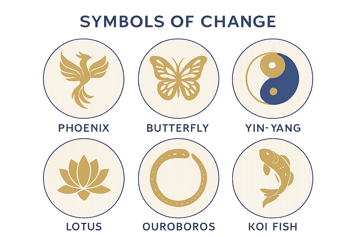 Infographic showing six key symbols of change and transformation at a glance