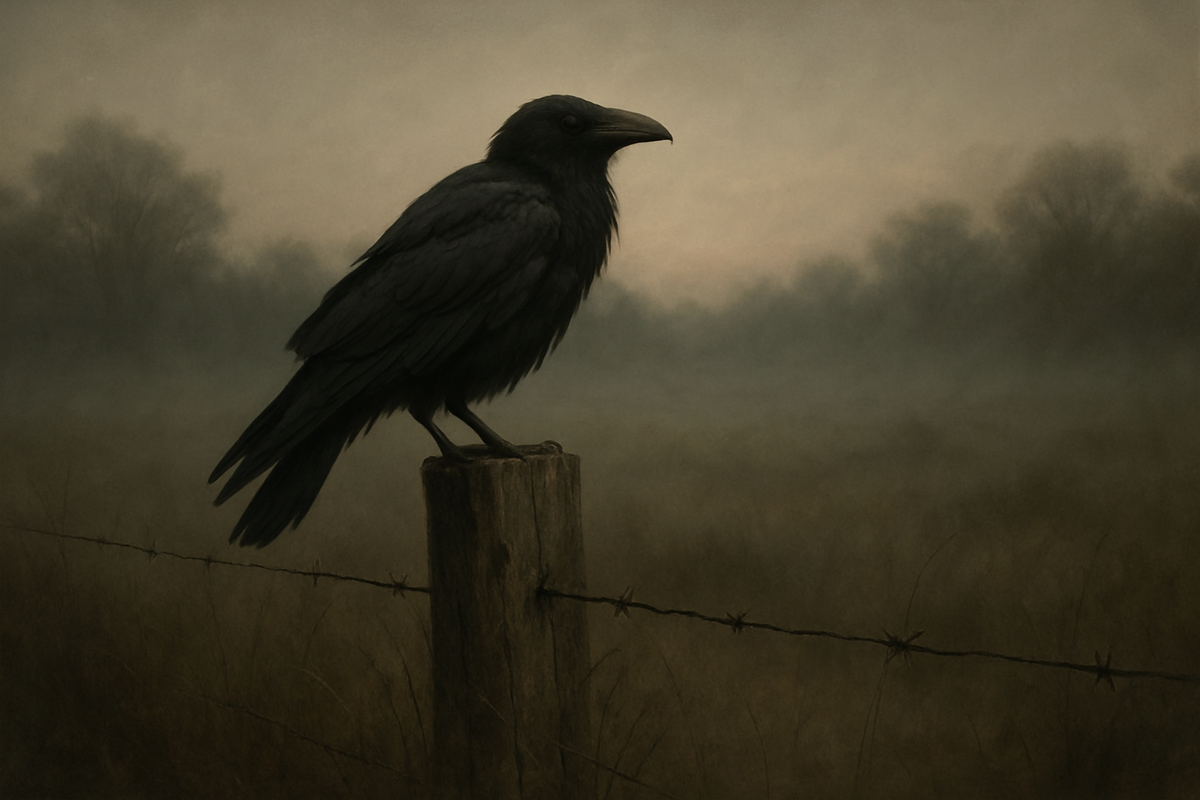 A lone raven perched on a fence post at dusk