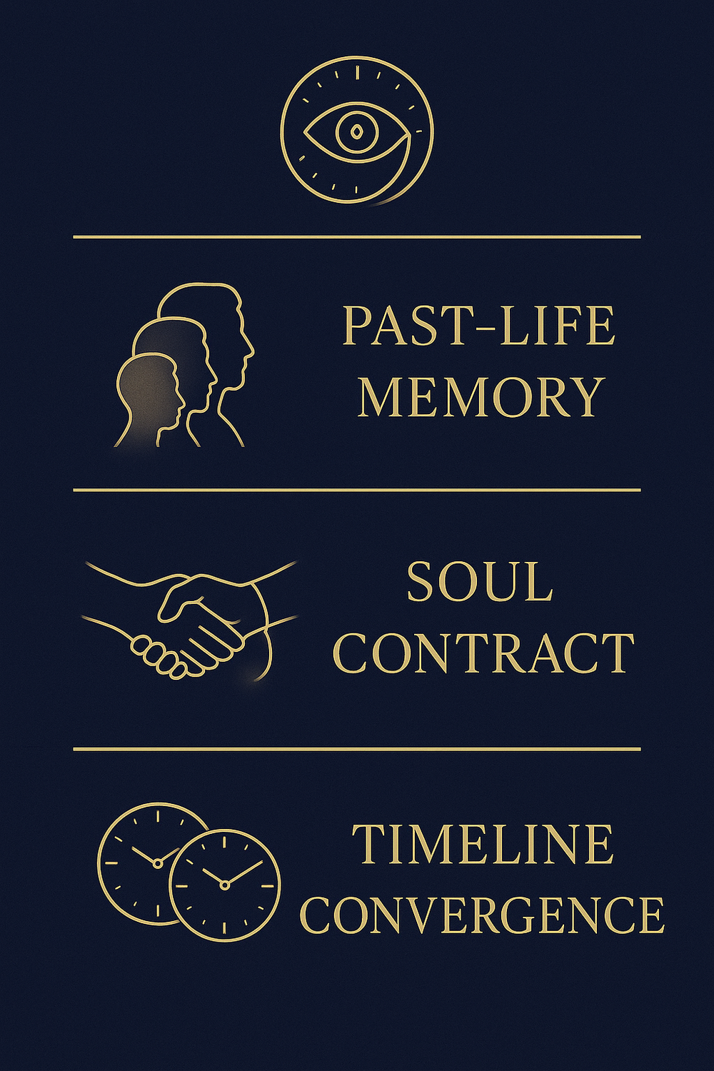 Infographic showing three spiritual explanations for deja vu: past-life memory, soul contract, and timeline convergence