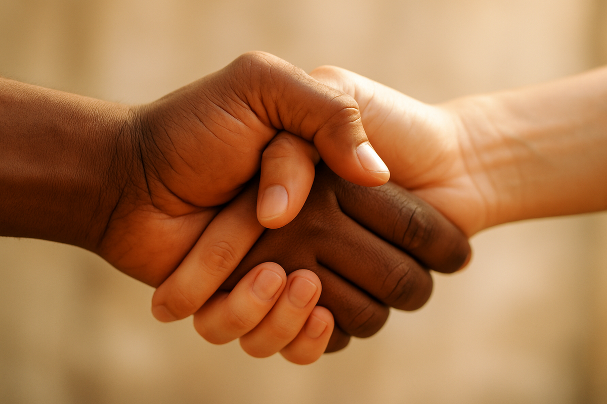 Two hands clasped together symbolizing unity and partnership
