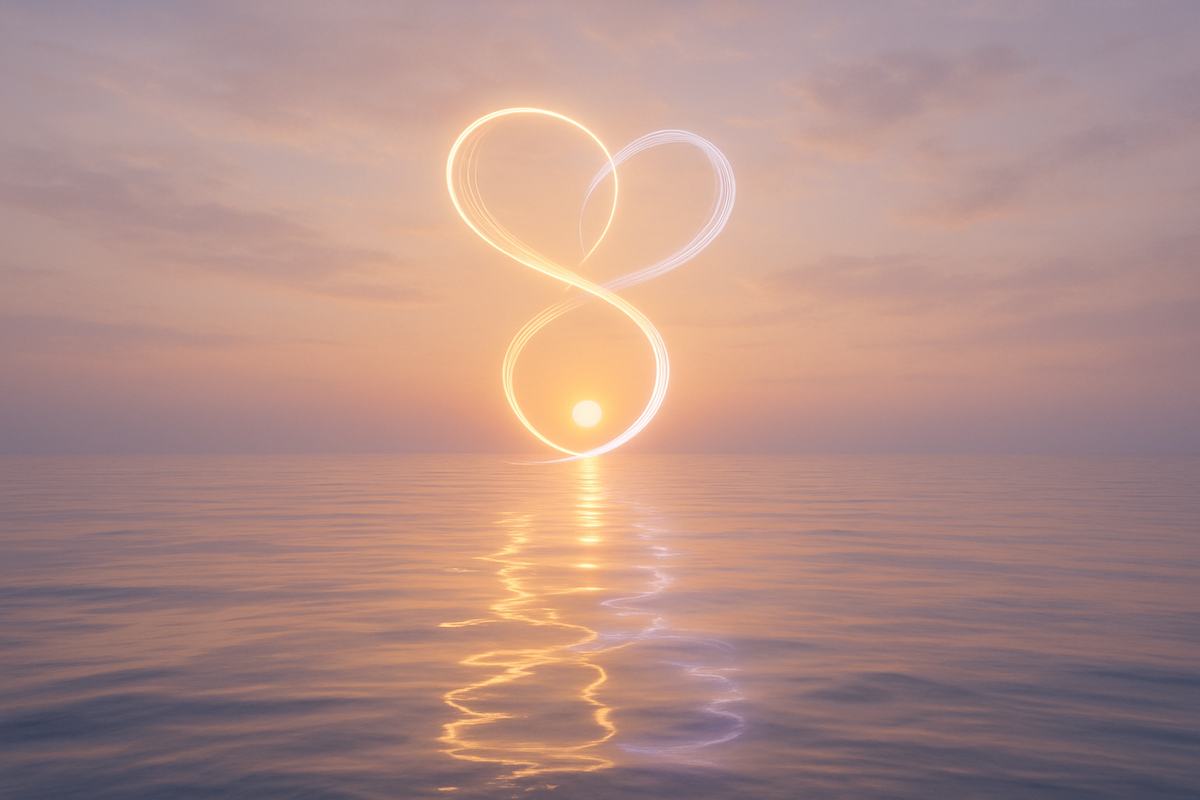 Sunrise over calm ocean with two intertwined light reflections symbolizing balance and reunion
