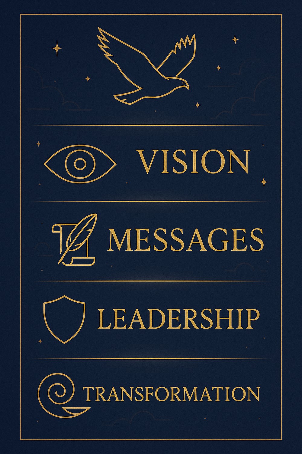 Infographic showing the four core spiritual meanings of hawk symbolism: vision, messages, leadership, transformation