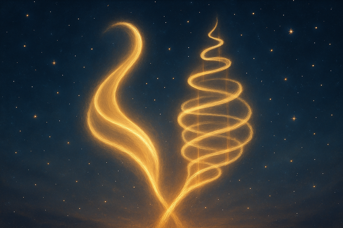 Two glowing spirals of light merging symbolizing the master numbers within 1122