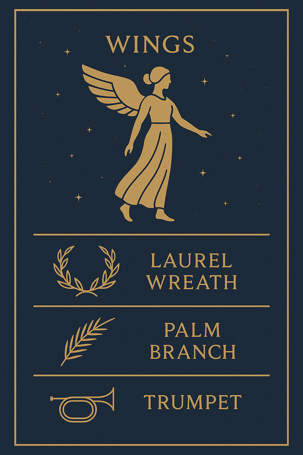 Infographic of Nike's sacred symbols including wings, laurel wreath, palm branch, trumpet, and chariot
