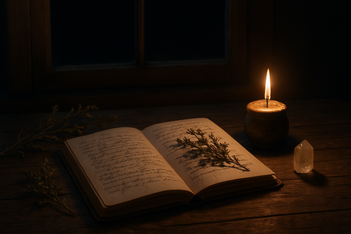 Journal, crystal, and candle arranged for a new moon intention ritual