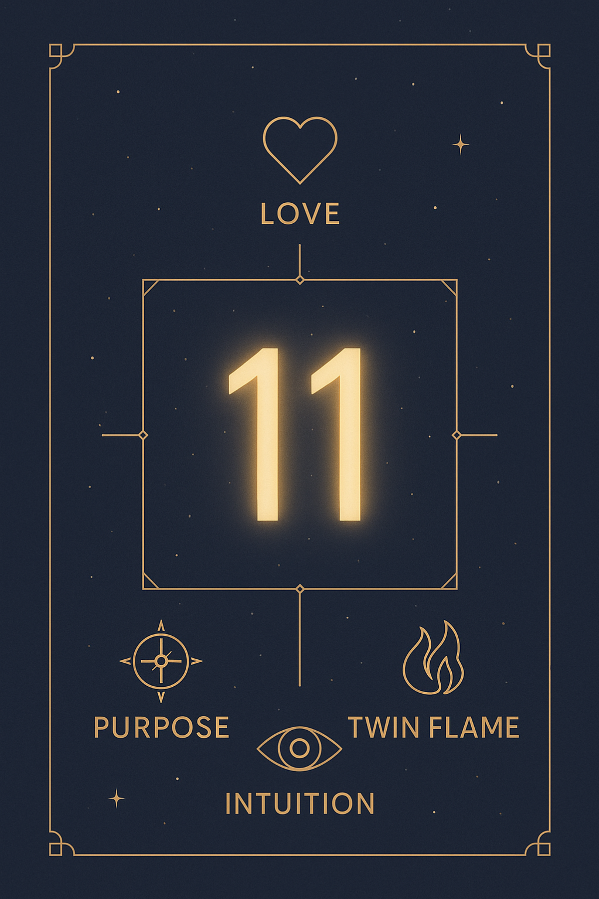 Angel Number 11 meaning at a glance infographic showing love, twin flame, purpose, and intuition