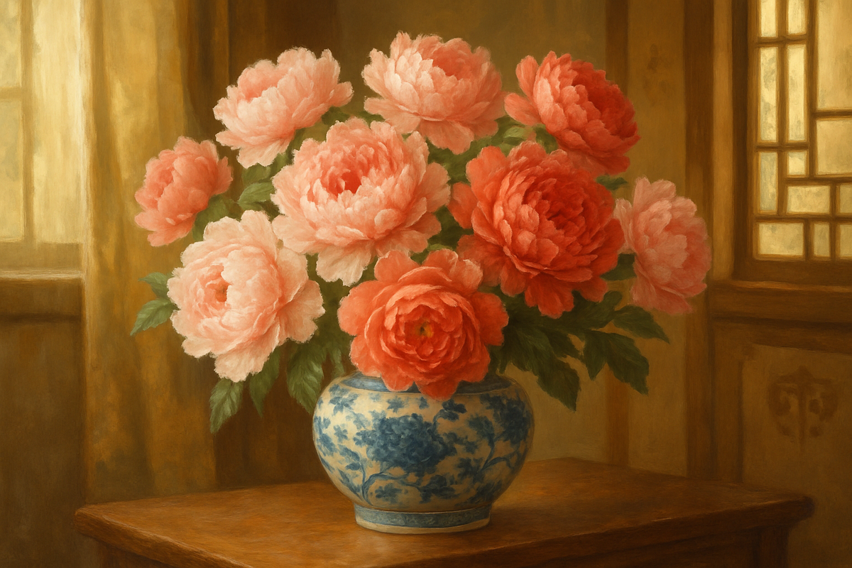 Pink and coral peonies arranged in a traditional ceramic vase symbolizing honor and prosperity