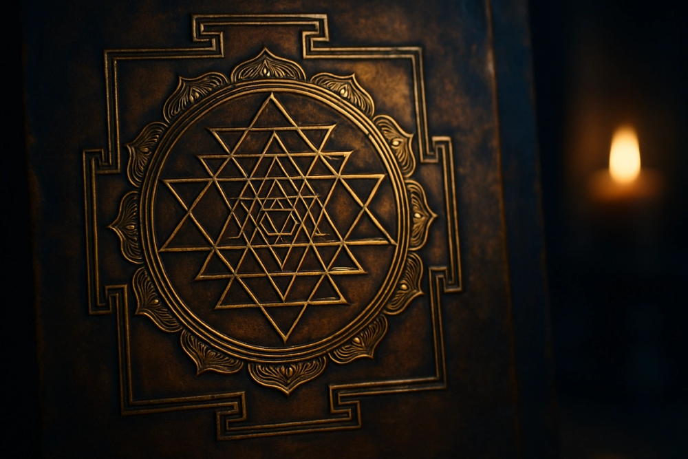 Golden Sri Yantra with nine interlocking triangles used in Hindu tantric worship
