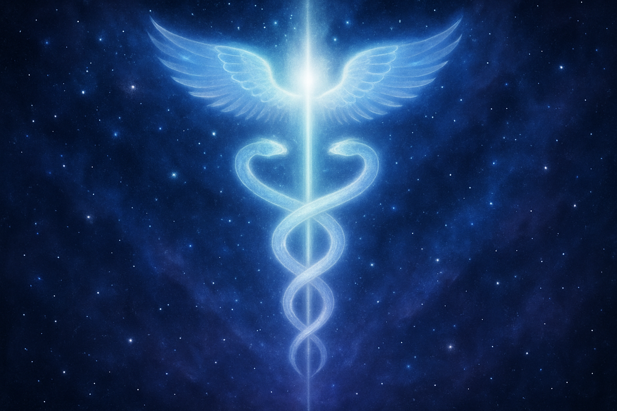 Glowing serpents spiraling around a staff of light beneath luminous wings