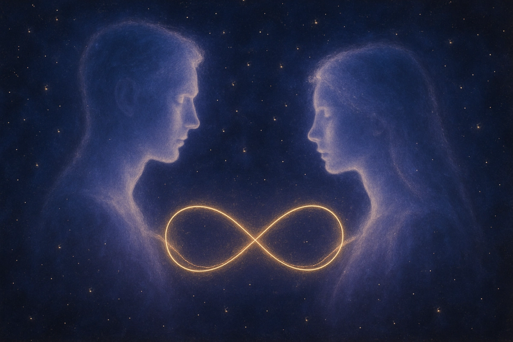 Twin flame spiritual connection symbolized by glowing light between two silhouettes