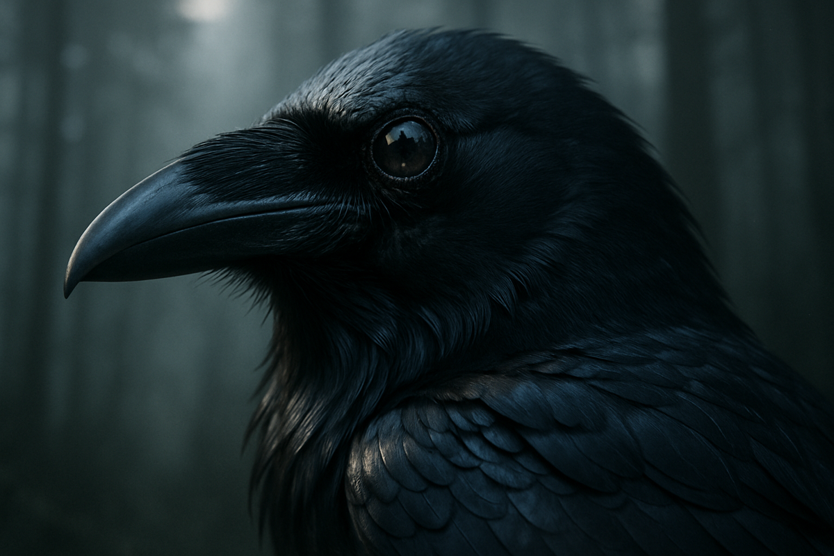 Close-up of a raven's eye showing intense, watchful intelligence