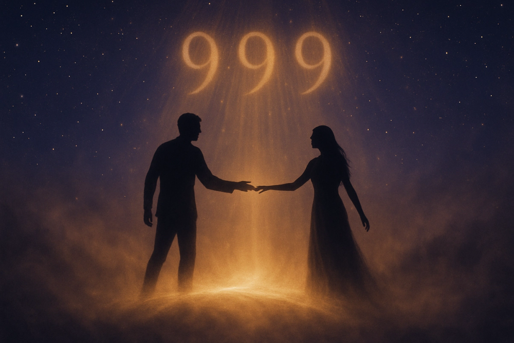 Twin flames reuniting under a glowing sky symbolizing angel number 999