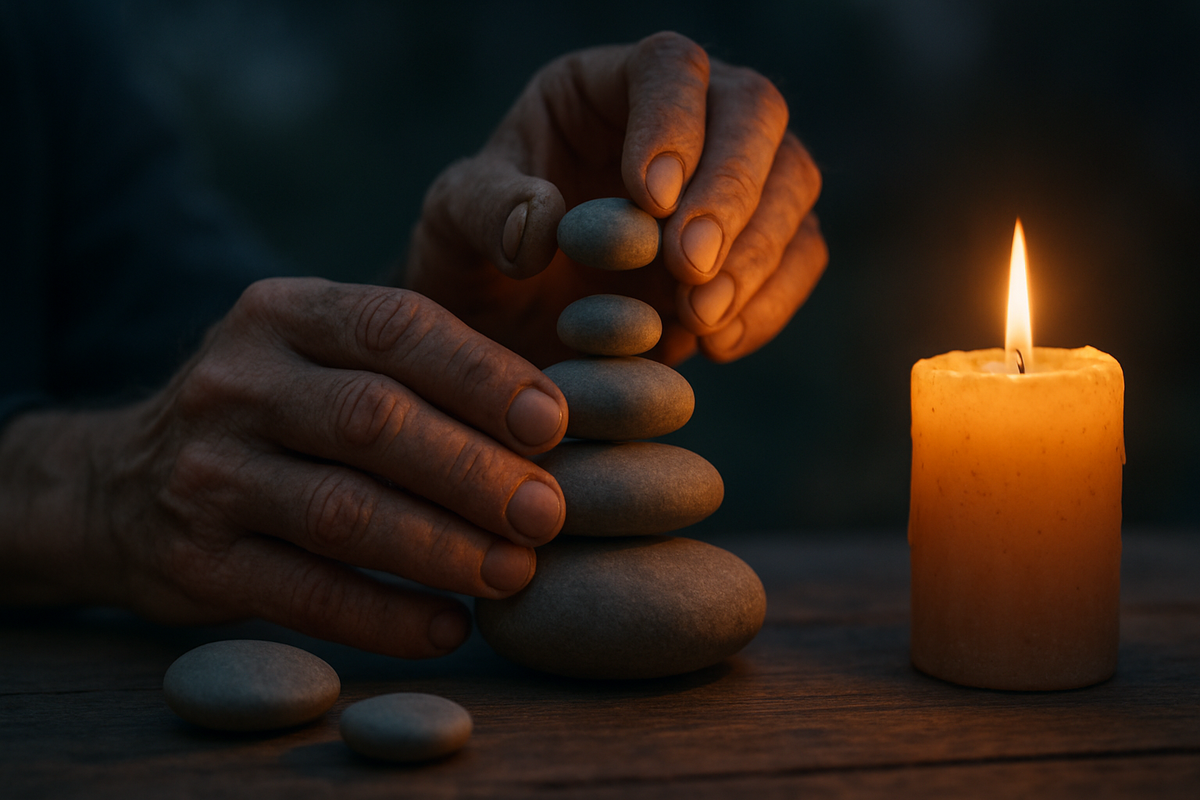Hands stacking stones into a balanced tower symbolizing building a strong foundation