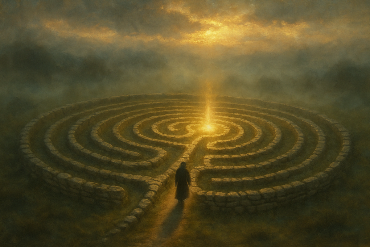 Person walking a spiral labyrinth path toward a glowing center at dawn