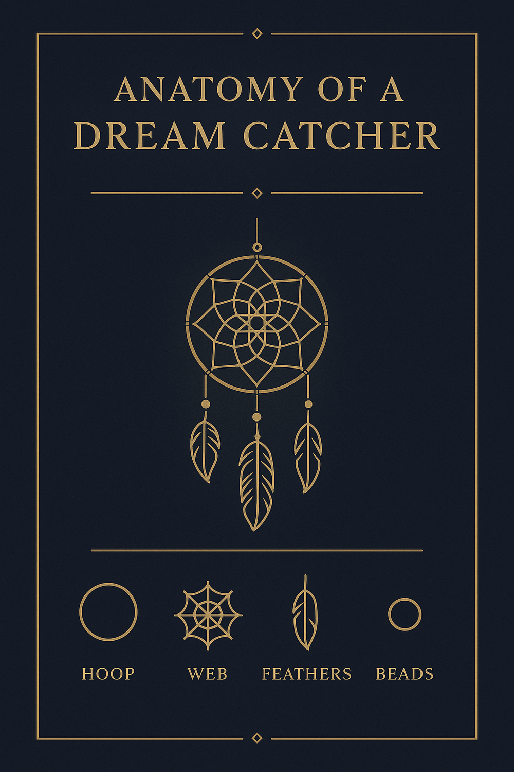 Infographic showing the symbolic anatomy of a dream catcher: hoop, web, feathers, and beads