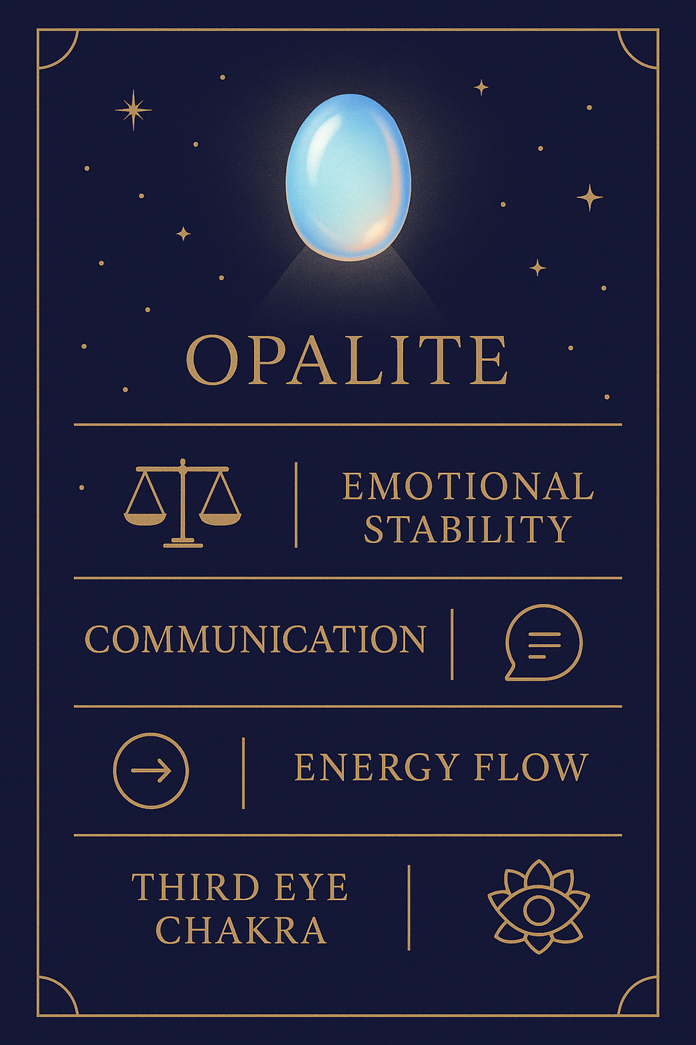 Infographic of Opalite's healing properties and chakra connections