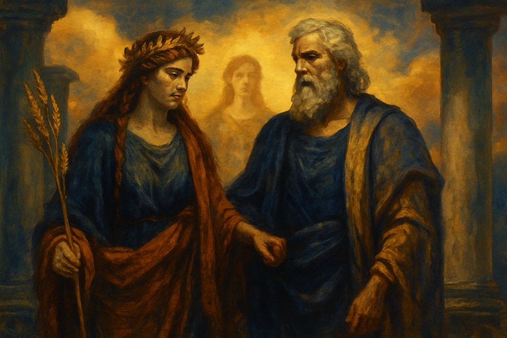Demeter and Zeus among the Olympian gods with Persephone in the background