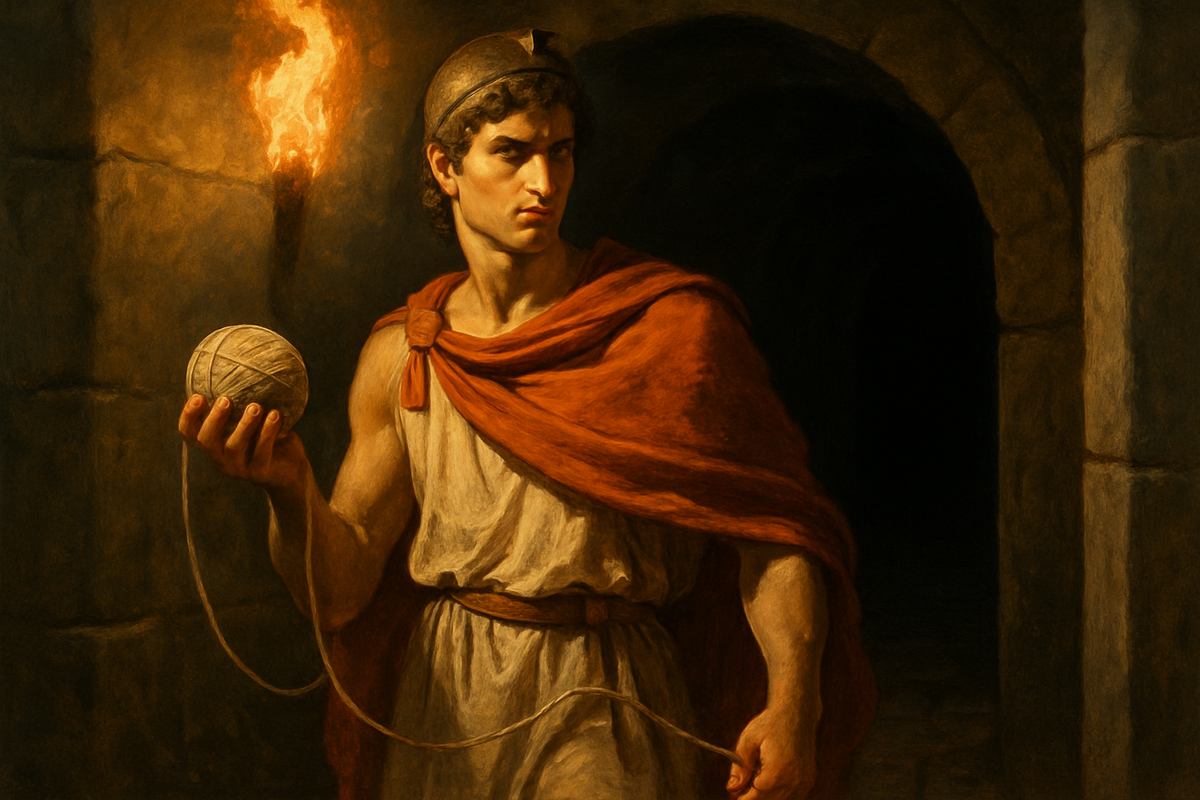 A hero holding Ariadne's thread at the entrance to the Labyrinth