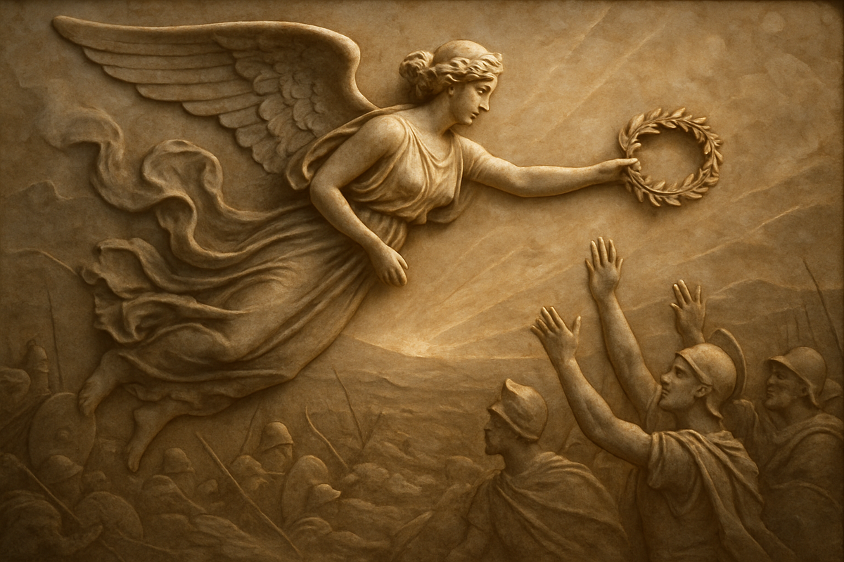 Winged Greek goddess Nike flying above ancient soldiers holding a laurel wreath