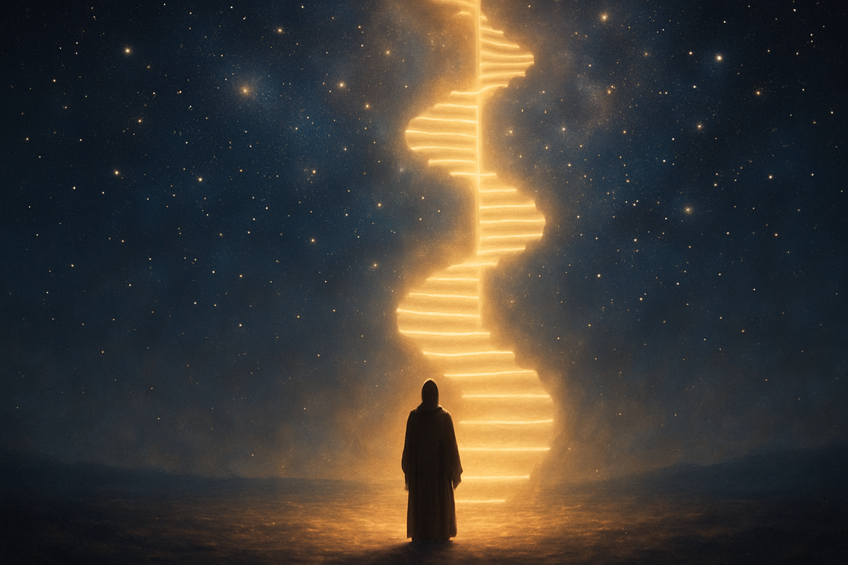 Person standing before a glowing staircase symbolizing spiritual ascension and progress
