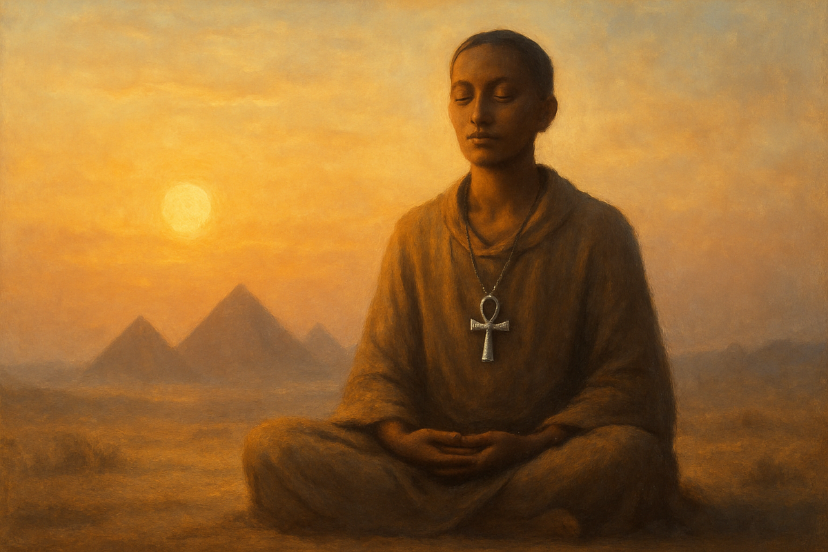 Person meditating at sunrise wearing an Ankh necklace with pyramids in the distance