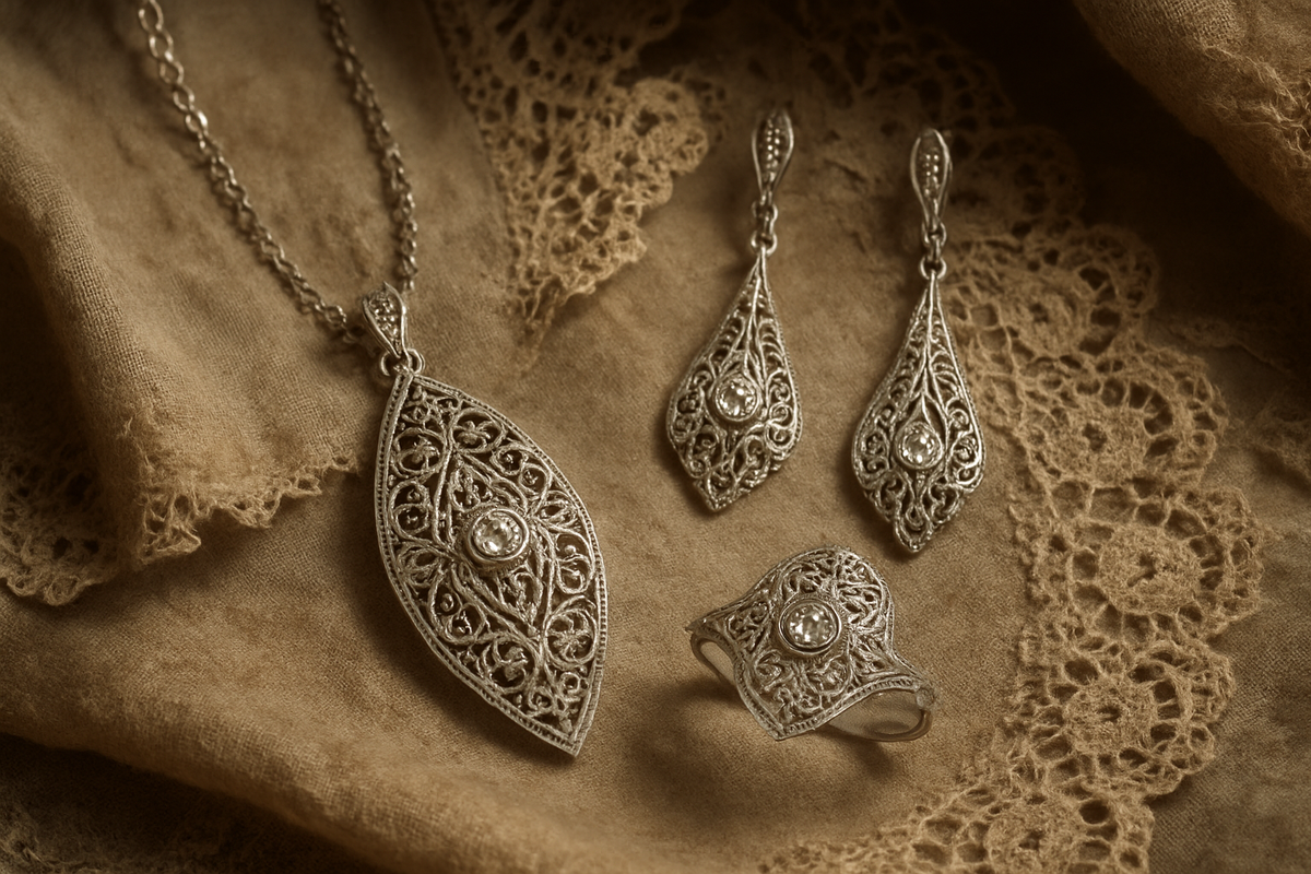 Antique Edwardian platinum filigree jewelry on vintage fabric