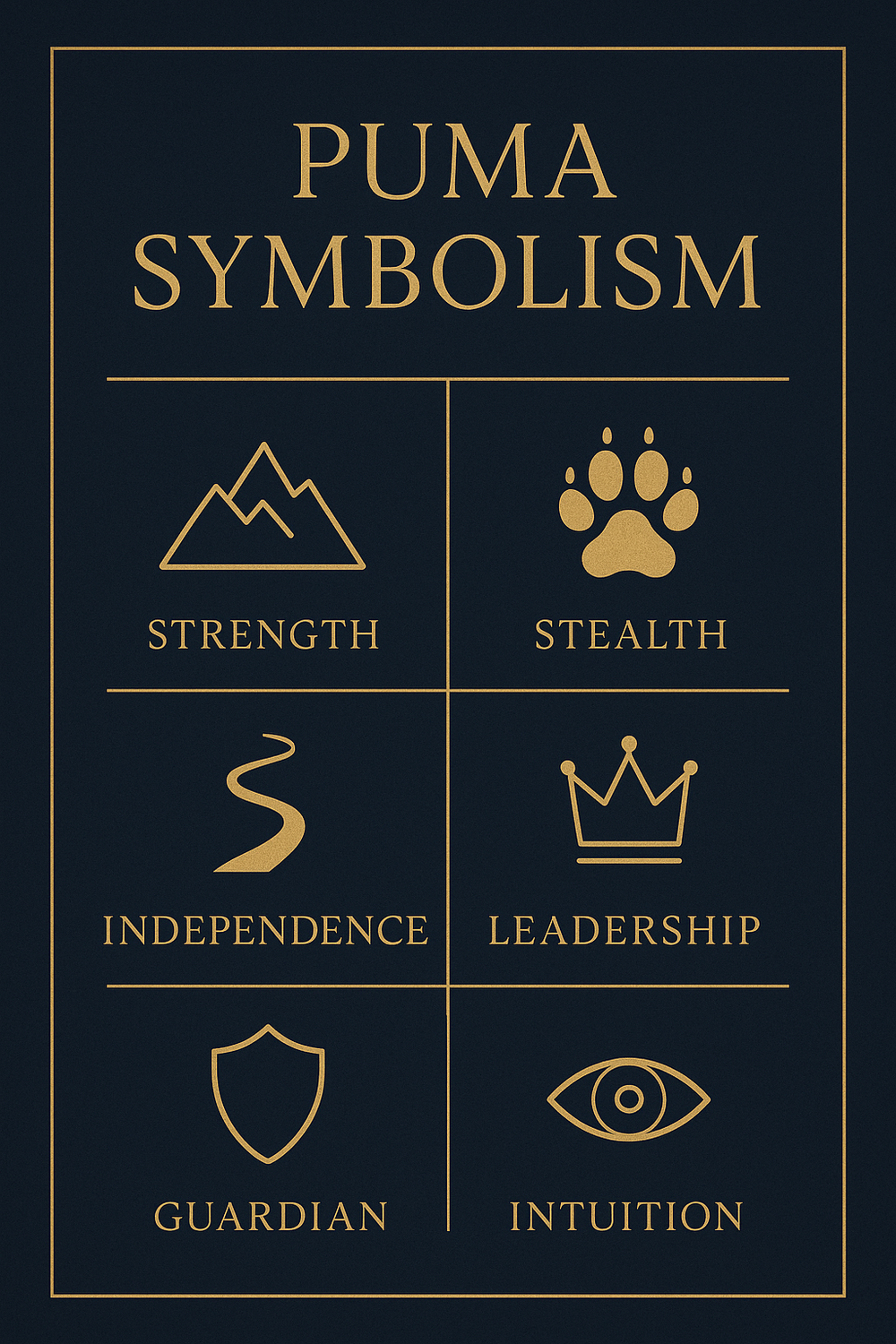 Infographic of puma symbolism meanings: strength, stealth, independence, leadership, guardian, intuition