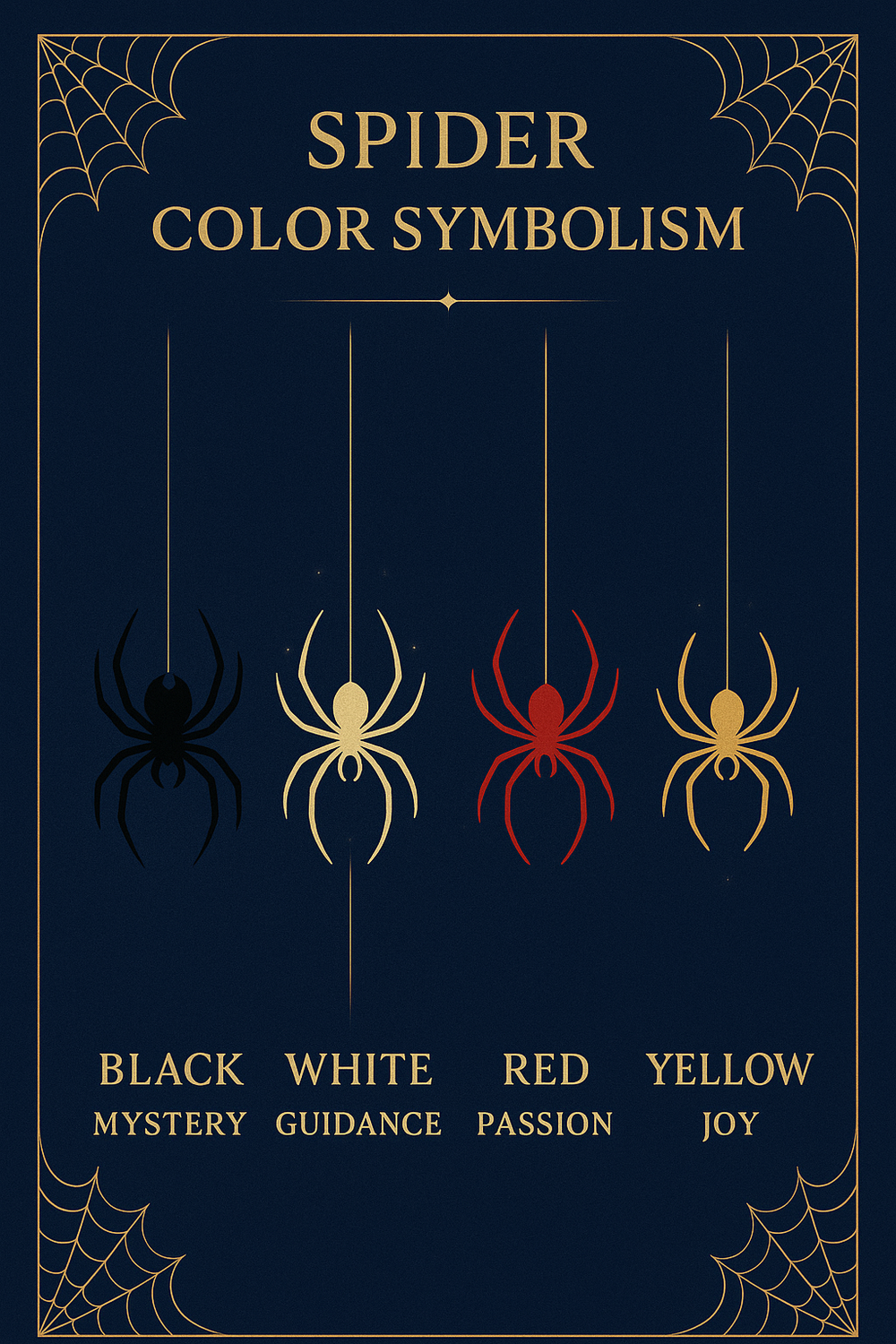 Infographic showing spiritual meanings of black, white, red, and yellow spiders