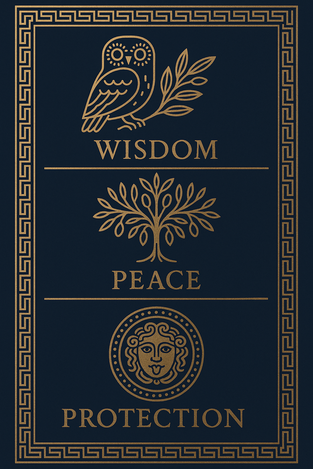 Infographic of Athena's key symbols: owl, olive tree, and Aegis shield