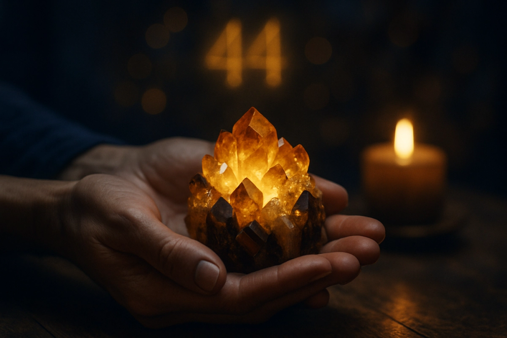 Hands holding citrine and tiger's eye crystals for angel number 44 energy work