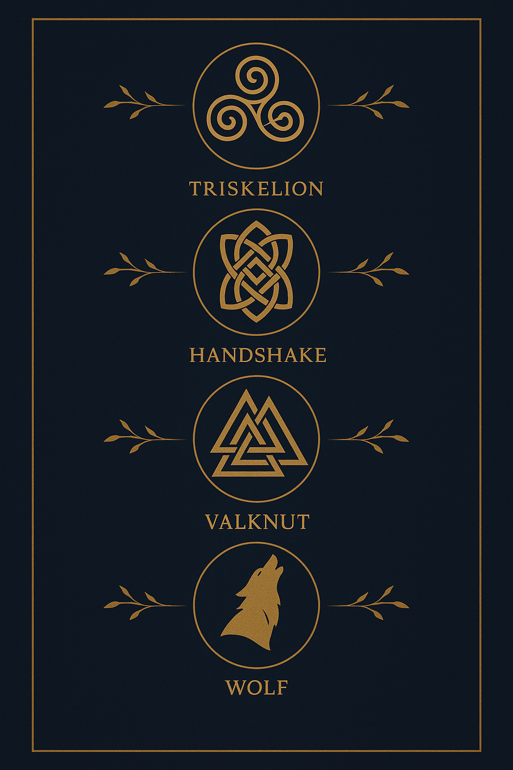 Infographic of six key brotherhood symbols including triskelion, handshake, and valknut