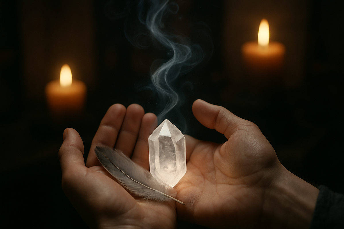 Hands holding a crystal and feather with glowing spectral light above