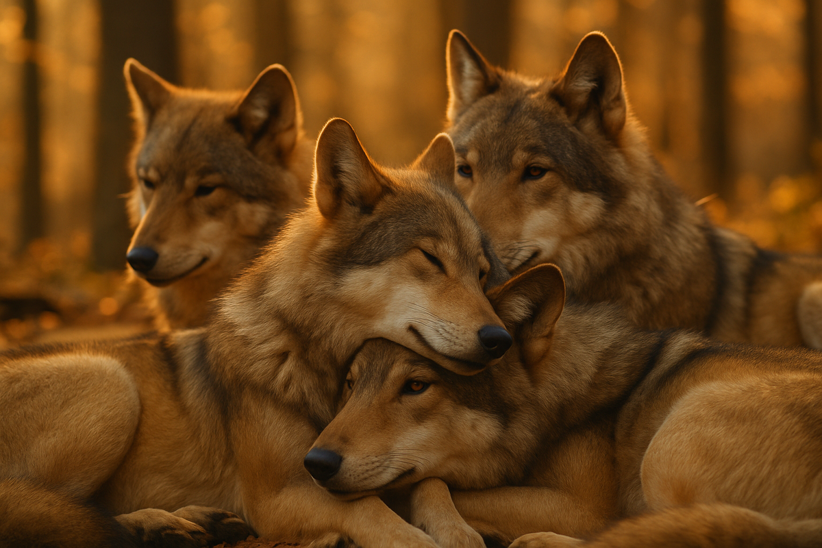 A wolf pack resting closely together showing loyalty and family bonds