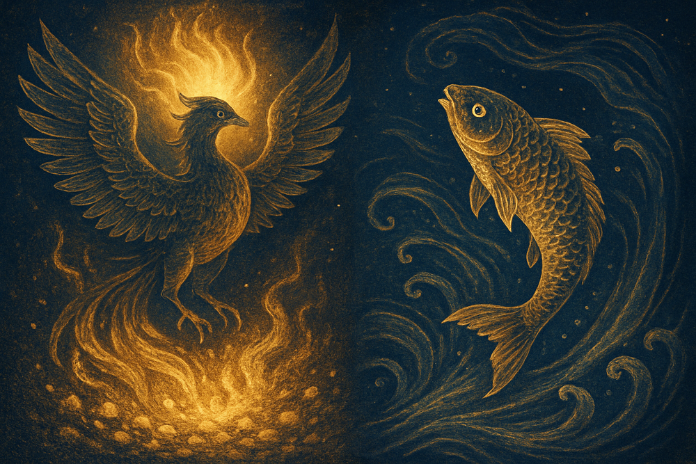 Phoenix rising from flames beside a koi fish swimming upstream, symbols of transformation
