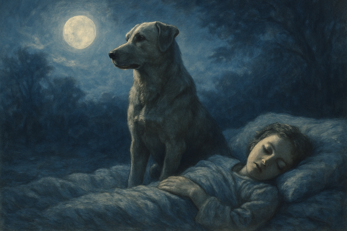 A loyal dog keeping watch beside a sleeping figure under moonlight