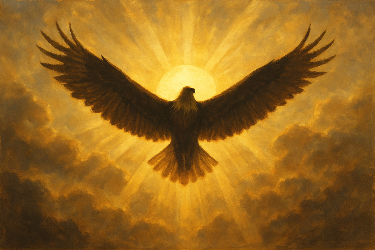 Eagle flying toward the sun representing renewal and transformation