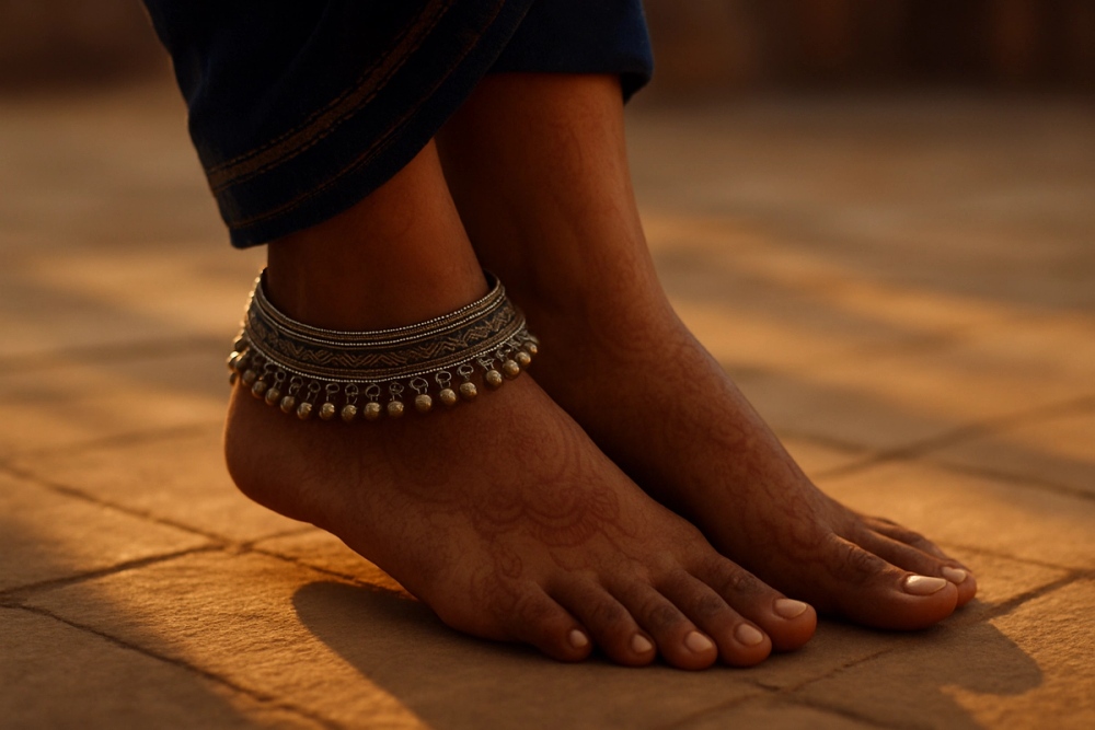 Close-up of a traditional Indian silver payal anklet with bells worn on a bare ankle