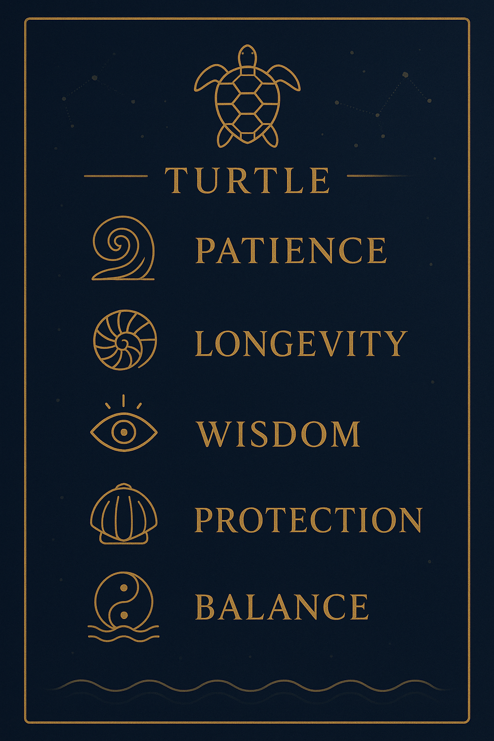Infographic of sea turtle symbolic meanings: patience, longevity, wisdom, protection, balance