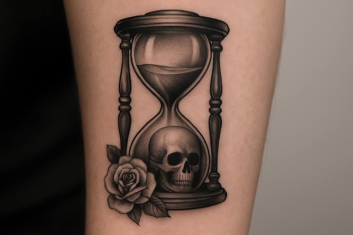 Hourglass tattoo design with rose and skull details symbolizing time and mortality