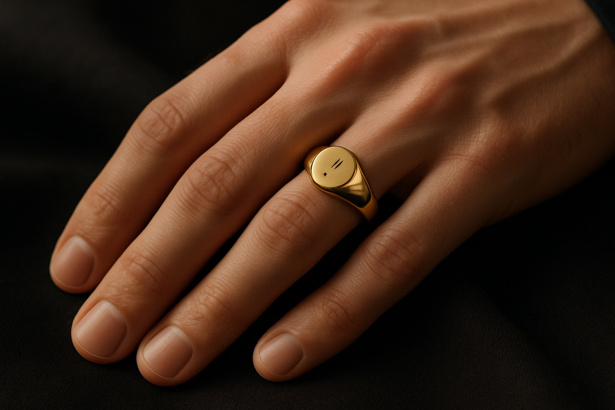 Modern gold signet ring engraved with an initial worn on a hand