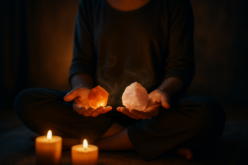 Person meditating with Aries crystals in hand